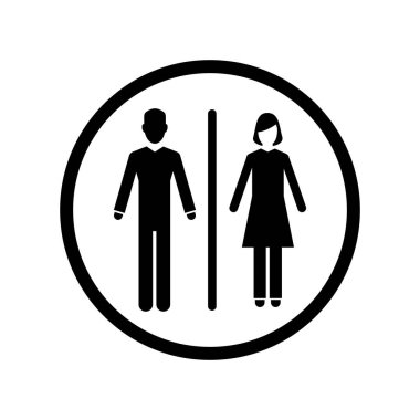 Cinsiyet simgesi. Erkek ve Kadın simgesi minimal tasarım izole. Tuvalet hattı simgesi, anahat vektör işareti, doğrusal stil piktogram beyaz izole. Wc sembolü, vektör logosu illüstrasyon