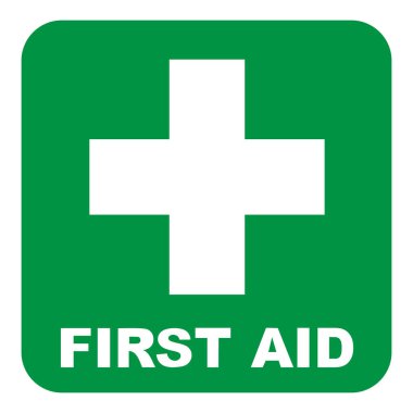 İlk yardım işareti. Altında ilk yardım metni olan yeşil kare ve beyaz çapraz sembol, vektör illüstrasyonu
