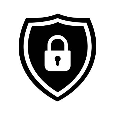 Asma kilit sembollü bir güvenlik kalkanı simgesi. Siyah beyaz izole edilmiş güvenlik simgesi, vektör illüstrasyonu