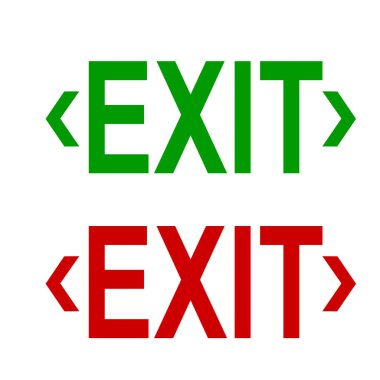 Çıkış işaretleri ayarlandı, yeşil ve kırmızı metinli çıkış işaretleri, vektör illüstrasyonu