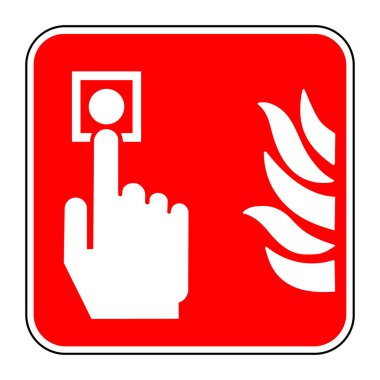 Acil yangın alarmı işareti, kırmızı kare arka planda beyaz yangın alarmı simgesi, vektör illüstrasyonu