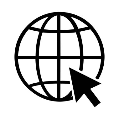  Oklu imleci internet dünyası simgesi. Dünya çapında web sembolü, siyah izole vektör illüstrasyonu