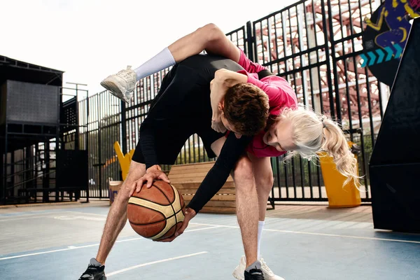 Diversity Playing Basketball Girl Takes Ball Guy Streetball Game — Foto de Stock