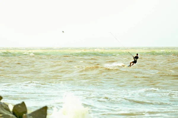 Young Kiteboarder Rides Waves Sea Summer Day — Zdjęcie stockowe