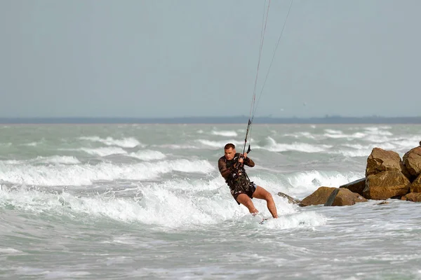 Young Kiteboarder Rides Waves Sea Summer Day — Stockfoto