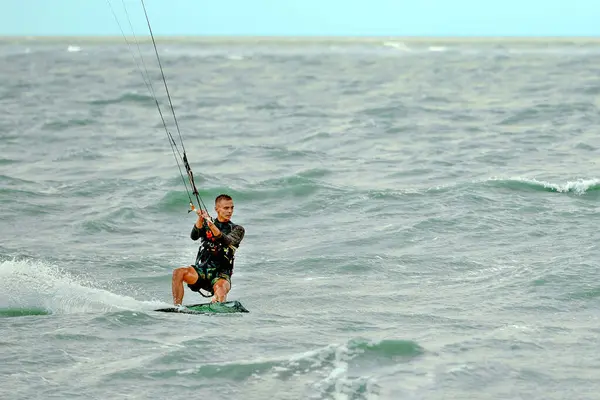 Young Kiteboarder Rides Waves Sea Summer Day — Zdjęcie stockowe