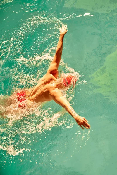 一名男子戴着红色的帽子 戴着眼镜 在游泳池的阳光中游泳 他的游泳技术 俯瞰技术 蝶泳风格 版权所有 — 图库照片