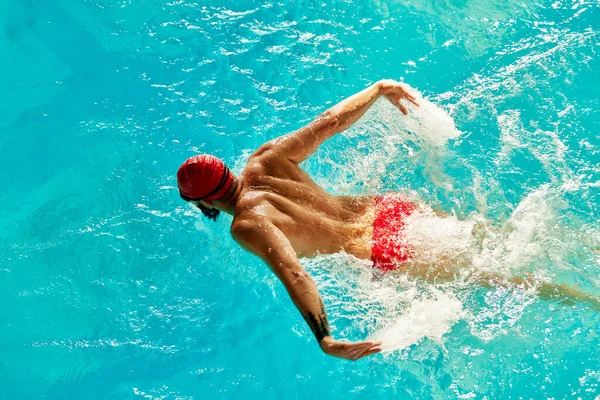 Aerial Top View Male Swimmer Swimming in Swimming Pool. Professional Athlete Training for the Championship, using Front Crawl, Freestyle Technique. Top View Shot.