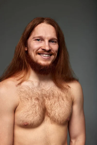 Close Studio Portrait Young Red Haired Naked Man Long Straight — Stock Photo, Image