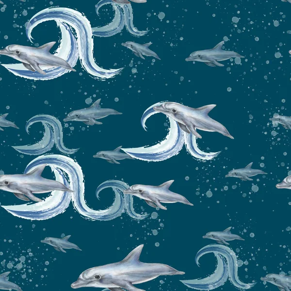 Ручной Рисунок Дельфинов Летающие Дельфины Бесшовный Узор Дельфин Морском Абстрактном — стоковое фото