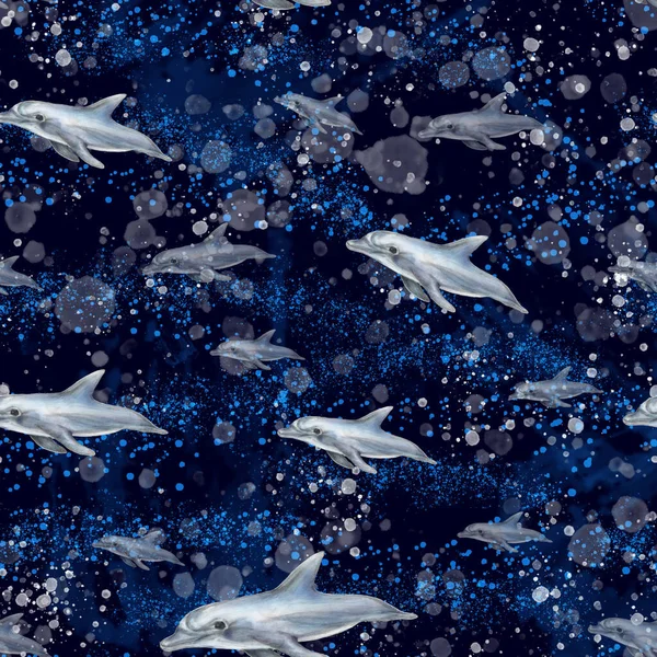 手绘海豚 飞海豚无缝图案 海豚在海洋的抽象背景下 墨水污渍 油漆纹理 — 图库照片#