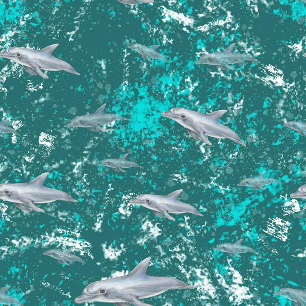 Летающие Дельфины Бесшовный Узор Бирюзовая Зеленая Вода Дельфины Море Абстрактный — стоковое фото