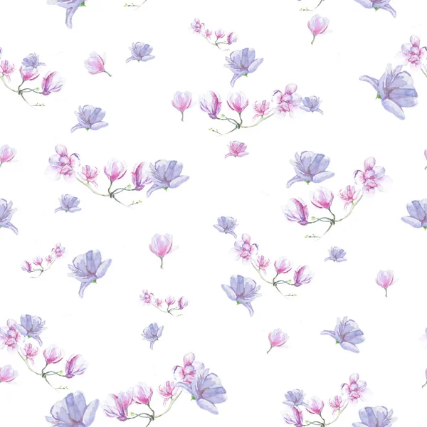 Bloeiend Magnolia Patroon Witte Achtergrond Aquarelmagnolia Naadloos Patroon — Stockfoto