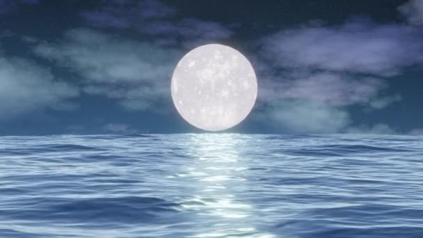 Сцена Ночного Океана Полнолуния Океан Анимационные Облака Маленькие Волны Поверхности — стоковое видео