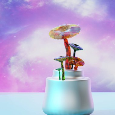 turuncu ve yeşil kristal mantar figürleri. Gemstone gemisi. Gemstone mücevherleri. Pembe ve mor arka planda dekoratif mantarlar. 3B görüntüleme için seçici odak, açık alan