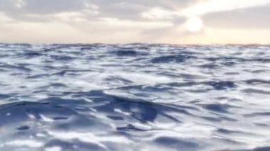 Denizin üzerinde gün batımı. Fırtınalı okyanus. Deniz yüzeyinde dalgalar. Düşük açı. Yumuşak odaklı lens. Döngü doğa arkaplanı.