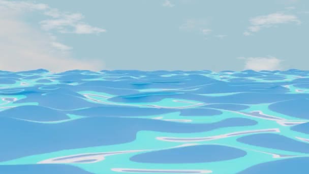 卡通水 波涛汹涌的海面 格式化的海洋 地平线 蓝天和白云 — 图库视频影像
