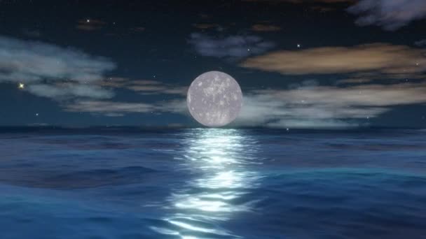 Lua Cheia Refletindo Sobre Oceano Noite Sob Céu Estrelado — Vídeo de Stock