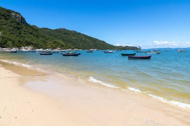 Sahilde balıkçı tekneleri, Canto Grande plajı, Bombinhas, Santa Catarina, Brezilya