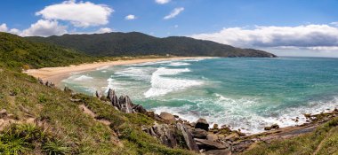 Panorama of Trail to the Beach, forest and rocks in the wild Lagoinha do Leste beach, Florianopolis, Santa Catarina, Brazil