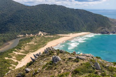 Beach, forest and rocks in the wild Lagoinha do Leste beach, Florianopolis, Santa Catarina, Brazil