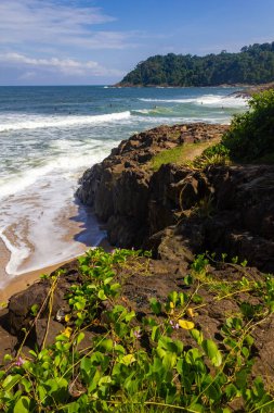 Rocks, waves, sand and vegetation at Praia do Resende beach, Itacare, Bahia, Brazil