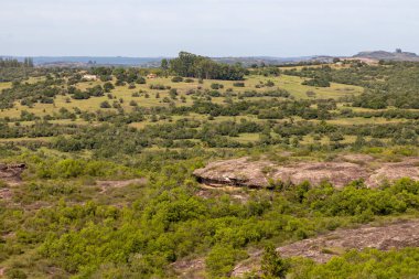 Jeolojik oluşumlar, tarla ve orman, Cacapava do Sul, Rio Grande do Sul, Brezilya
