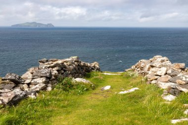 Slea Head Drive, Dingle, Kerry, İrlanda yakınlarındaki sahil yolunda kaya duvar, ocen ve bitki örtüsü.