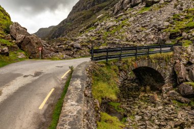 Kaya köprüsü, yol ve dağlar Dunloe Gap 'te kayalar ve bitki örtüsü, Killarney, Kerry, İrlanda