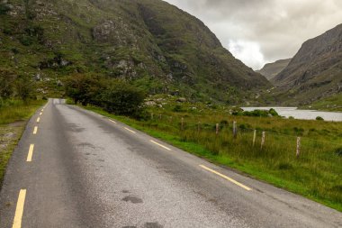 Dunloe Gap 'teki yollar ve dağlar kayalar ve bitki örtüsüyle, Killarney, Kerry, İrlanda