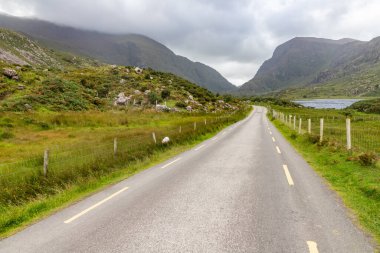 Dunloe Gap 'teki yollar ve dağlar kayalar ve bitki örtüsüyle, Killarney, Kerry, İrlanda