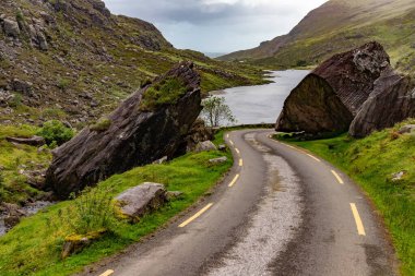 Dunloe Gap 'teki yollar ve dağlar kayalar ve bitki örtüsüyle, Killarney, Kerry, İrlanda