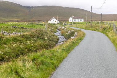 Tipik İrlandalı çiftlik evi Keel West, Slievemore, Achill Island, Mayo, İrlanda