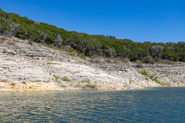 Colorado nehri etrafındaki orman ve kayalar, Austin, Teksas, ABD