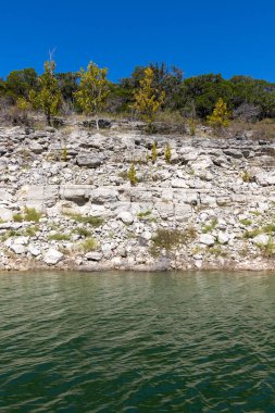 Colorado nehri etrafındaki orman ve kayalar, Austin, Teksas, ABD