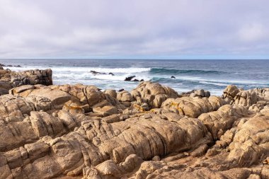 Pasifik Korusu, Monterey, Kaliforniya, ABD 'de bulutlar ve dalgalar var.