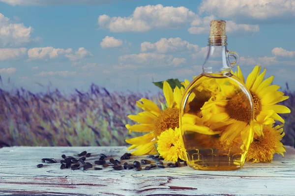 Bottle Oil Fresh Sunflower Flowers Seeds Table Backdrop Landscape Flowering — Foto de Stock
