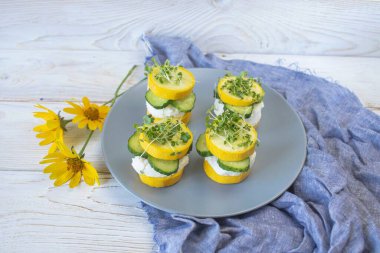Salatalık ve kabak krem peynirli ve mikro yeşil tabakta, sağlıklı yemek, vejetaryen yemeği.. 