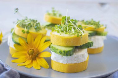 Salatalık ve kabak krem peynirli ve mikro yeşil tabakta, sağlıklı yemek, vejetaryen yemeği.. 