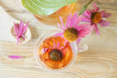 Ekinezya çiçeklerinden şifalı bitki çayı. Cam bardakta çay, ahşap arka planda taze ekinezya çiçekleri..