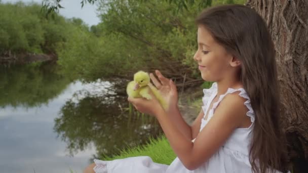 Cute Little Girl Long Dark Hair Shows Love Furry Duckling — Stockvideo