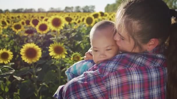 Loving Mother Kisses Little Son Syndrome Standing Sunflowers Blooming Agricultural — Stock video