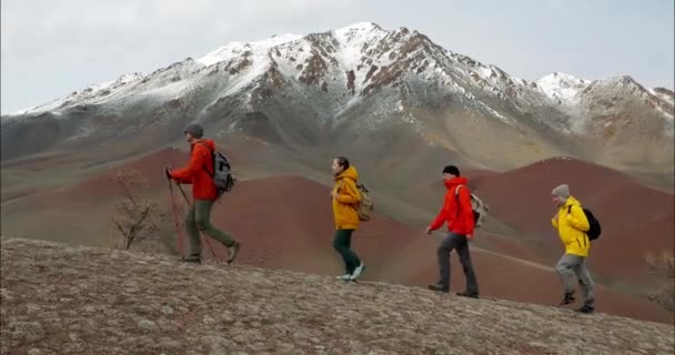 Dört Gezginden Oluşan Bir Grup Birlikte Dağın Zirvesine Tırmanıyor Dağlık Video Klip