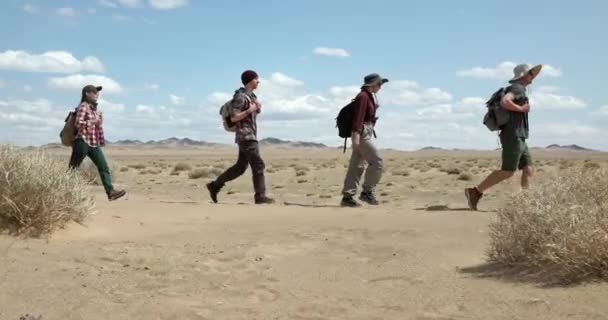 Bir Grup Yürüyüşçü Vahşi Çöl Manzarasında Ilerler Keşif Gezilerinde Gezen Stok Çekim 