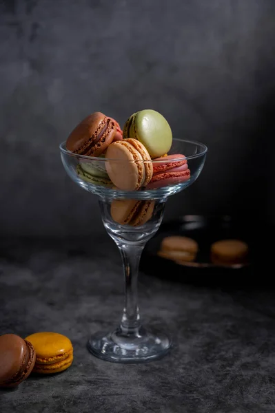 Macaroons Colorful Cookies Glass Moody Dark Background Macarons French Sweet — Stock Photo, Image