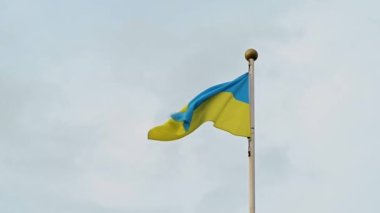 Ukrainian flag waving on rainy sky. Blue and yellow fabric flag. Ukrainian flag waving on rainy sky. Blue and yellow fabric flag. High quality FullHD footage