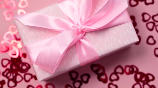Valentines Day Pink Gift Box Red Heart Confetti Selective Focus — Stockvideo