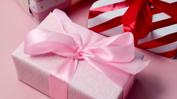 Gift Boxes Close Satin Bows Birthday Mothers Day Valentines Day — Stockvideo
