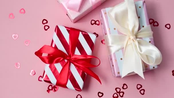 Valentines Gift Boxes Closeup Satin Bows Birthday Mothers Day — Stockvideo