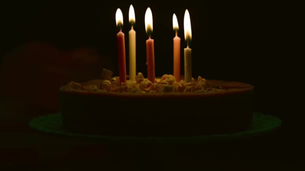 Blowing Burning Candles Birthday Cake Dark Background — 图库视频影像